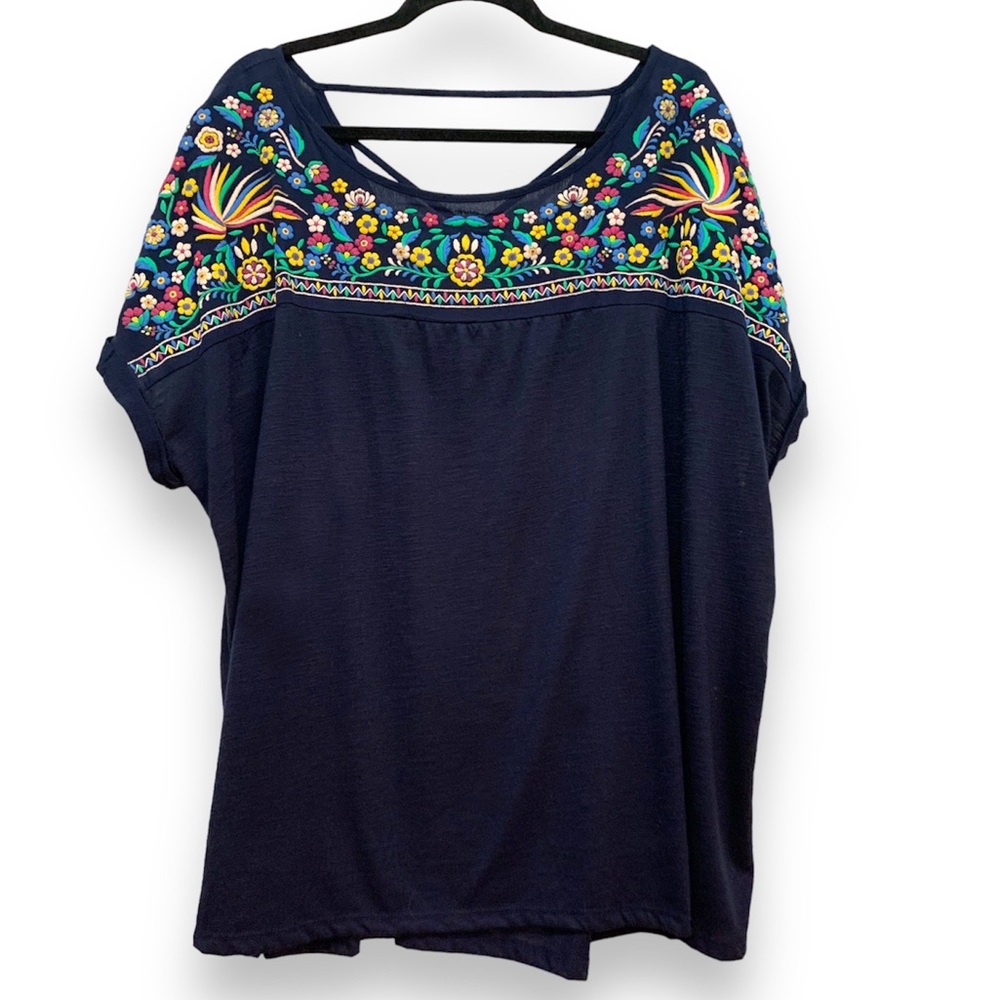 Tempted Hearts Navy Blouse with Floral Motif and Criss-Cross Open Back